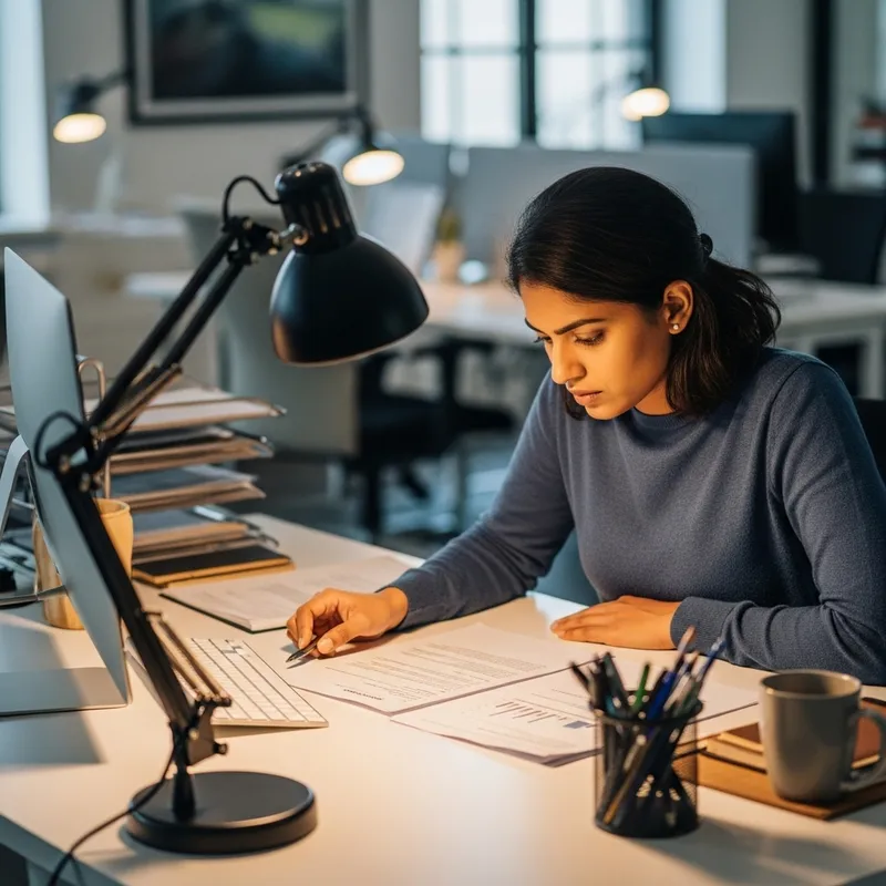 American Woman Examining Document in Office Setting
