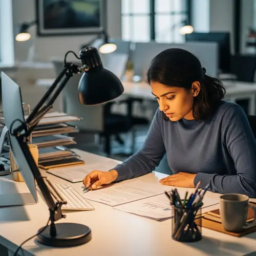 Professional South Asian Woman Examining Important Document at Workspace
