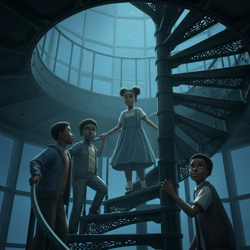 Black Ghost Girl Guides Boys Up Lighthouse Staircase