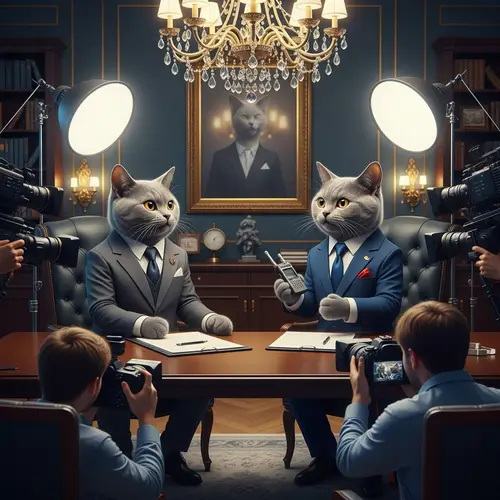 Elegant Grey Cats in Formal Suits at the Negotiation Table