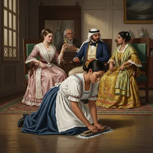 19th Century Scene in the Philippines: Slave Woman Cleaning as High-class Persons Talk