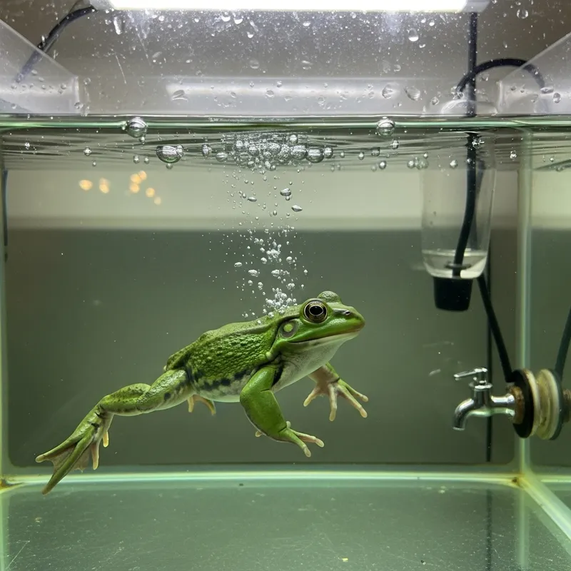 Serene Green Frog Swimming in Clear Water Tank