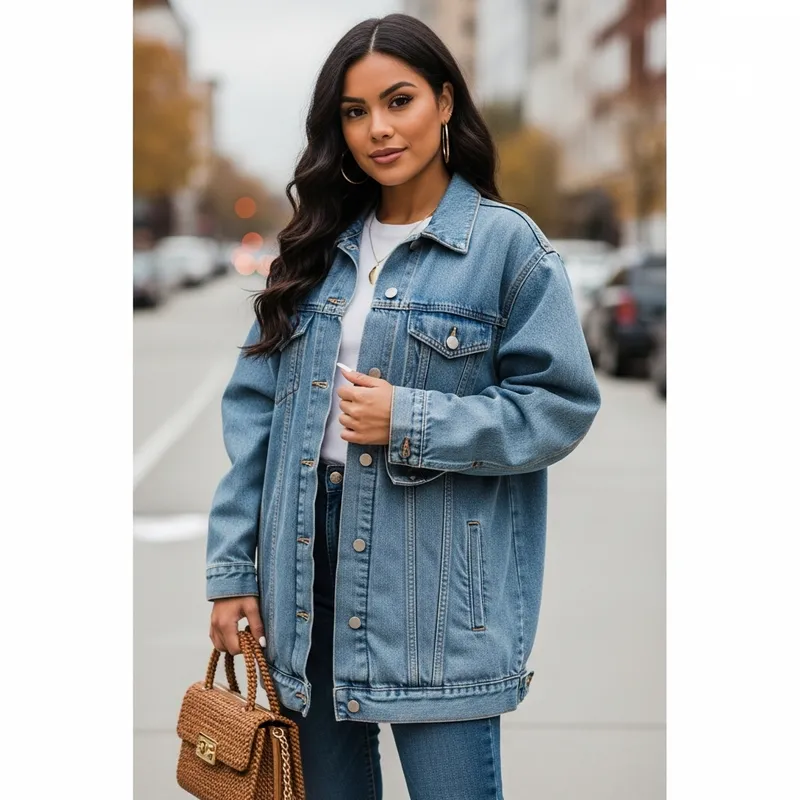 Hispanic Woman's Stylish Oversized Denim Jacket - Casual Boyfriend Style | Dokotoo