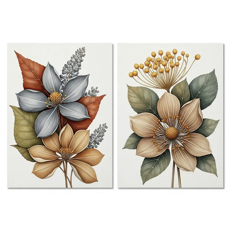 Tranquil Botanical Illustrations Diptych | Rustic Living Room Decor