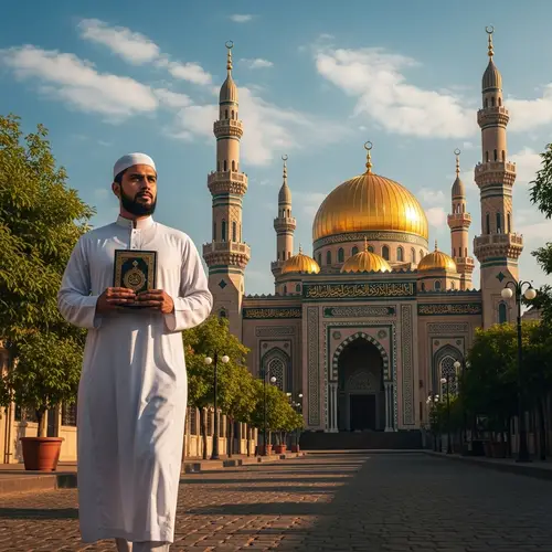 South Asian Muslim Man Walking Towards Beautiful Masjid