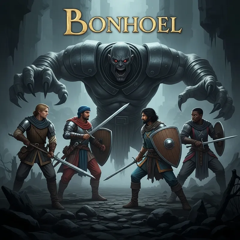 Medieval Fantasy Album Cover with Diverse Heroes and Menacing Villain
