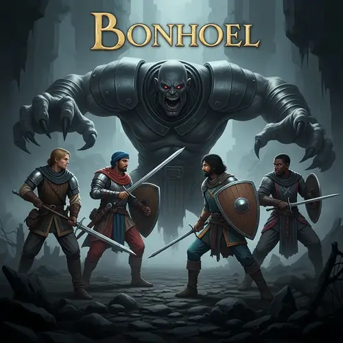 Dark Souls Style Album Cover with Medieval Heroes and Villain