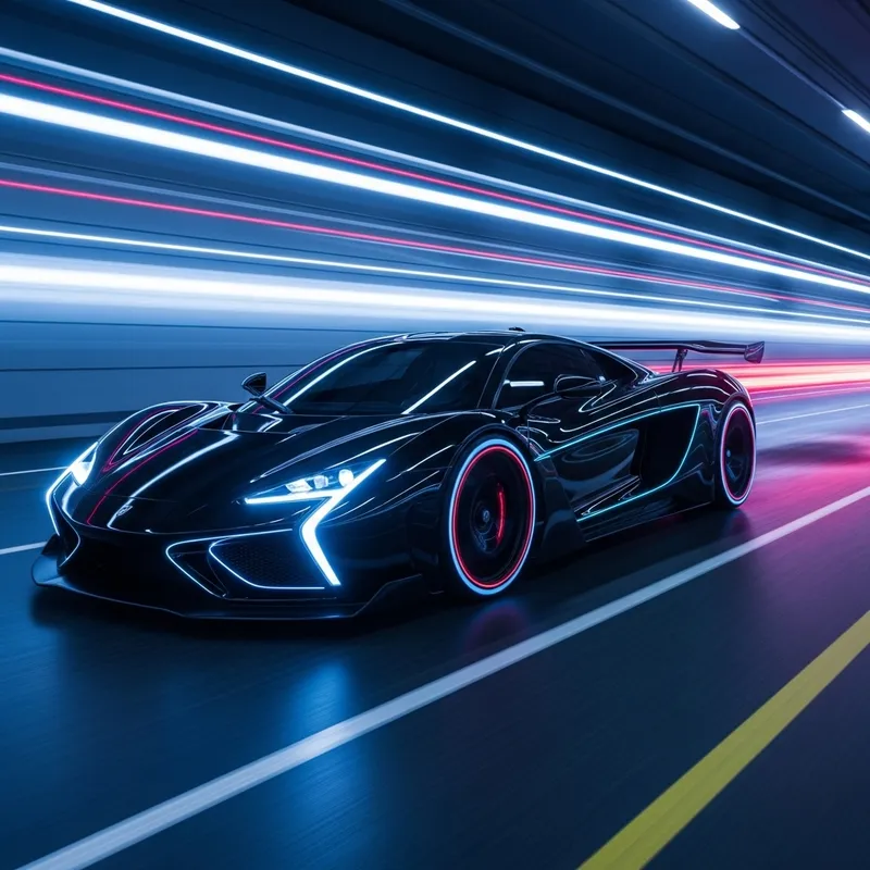 Sleek & Futuristic Supercar in Glossy Black w/ Neon Accents | Speed & Power Essence