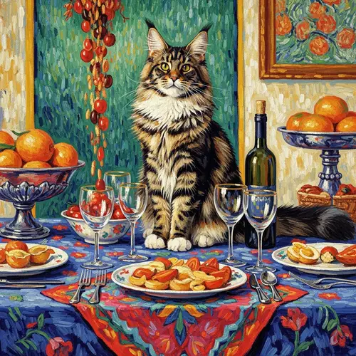 Majestic MaineCoon Cat on Vibrant Festive Table | Artistic Scene