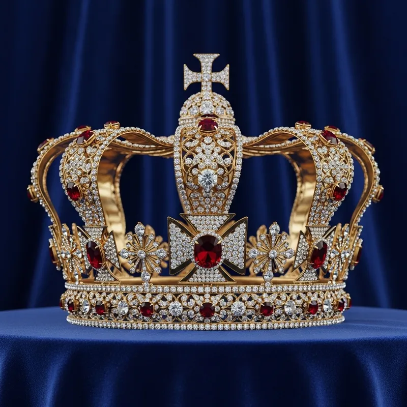 Dazzling Gold Crown with Diamonds and Rubies on Blue Velvet