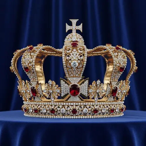 Extravagantly Large Royal Crown with Diamonds and Rubies on Blue Velvet