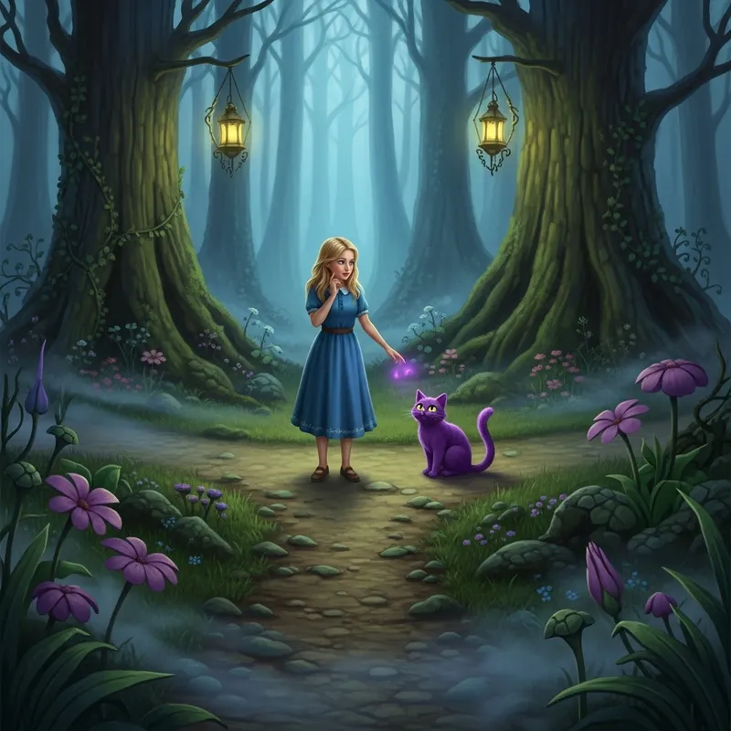 Blonde Girl at Crossroads in Enchantingly Mystical Forest with Purple Cat