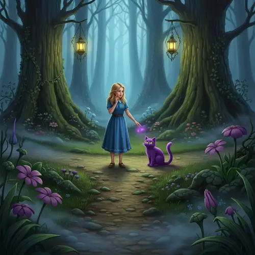 Blonde Girl in Mystical Forest at Crossroads with Purple Cat