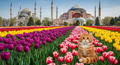 Hagia Sophia Mosque in Istanbul with Multi-Colored Tulip Field