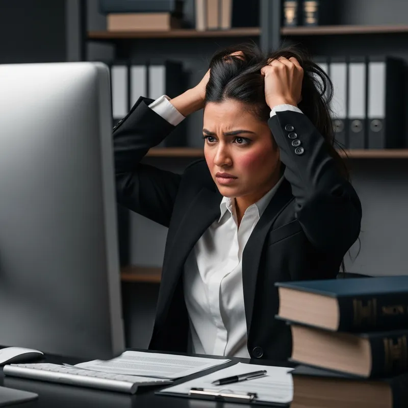 Frustrated Female Lawyer Pulling Hair at Computer | Legal Stress Scene Frustrated Female Lawyer Pulling Hair at Computer | Legal Stress Scene
