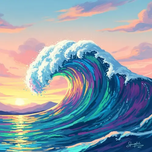 Whimsical Colorful Tsunami Wave - A Surreal Dreamlike Scene