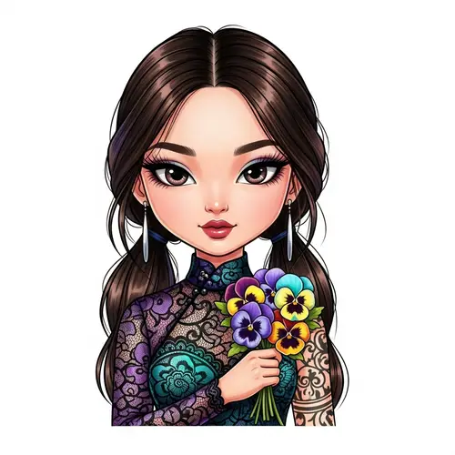 Iridescent Chibi Chinese Girl Sticker Portrait with Pansies Bouquet