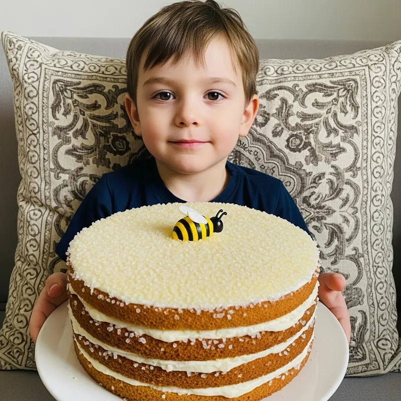 Boy with Cake and Fluffy Bee Pillow