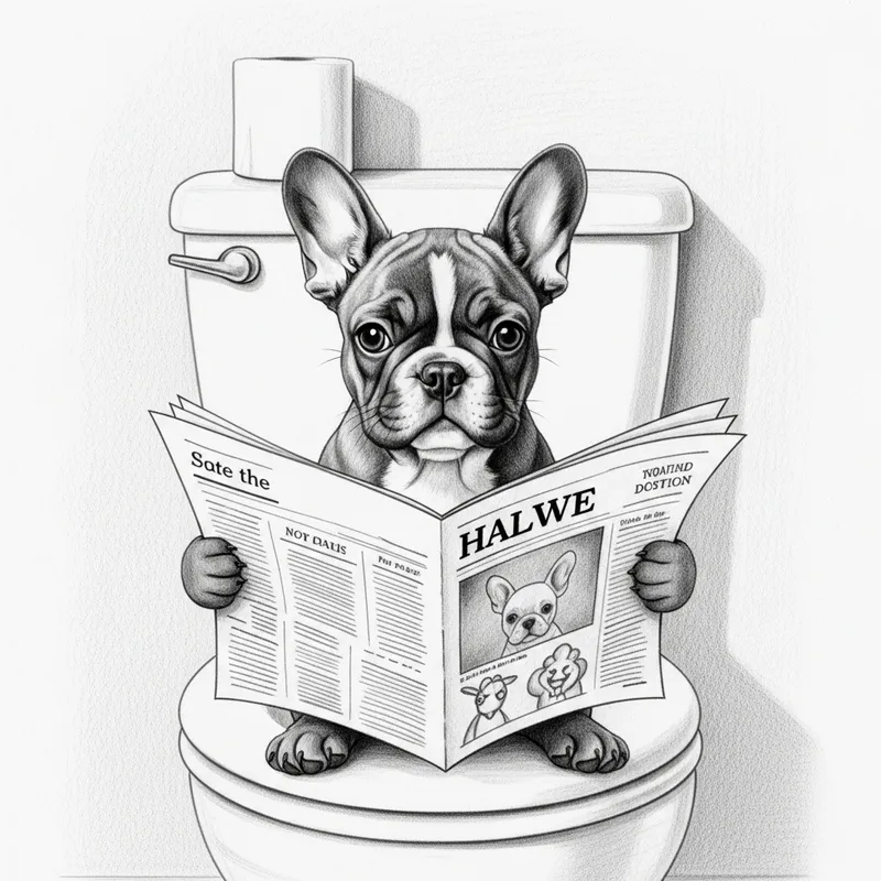 Charming French Bulldog Puppy Sketch on Toilet with Newspaper