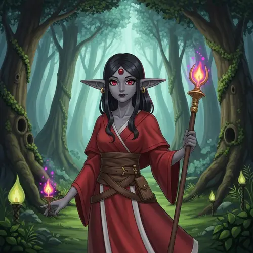 Anime-Style Female Elf with Grey Skin, Black Hair, and Red Eyes