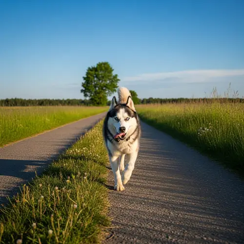 Energetic Husky Dog Running in Rural Landscape | Exhilarating Speed