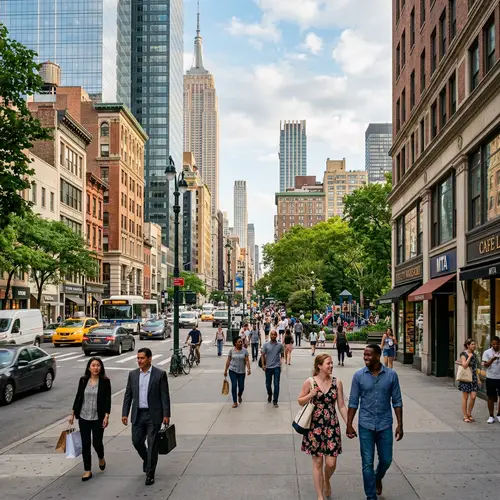 Bustling Cityscape: Modern Skyscrapers & Diverse Streets
