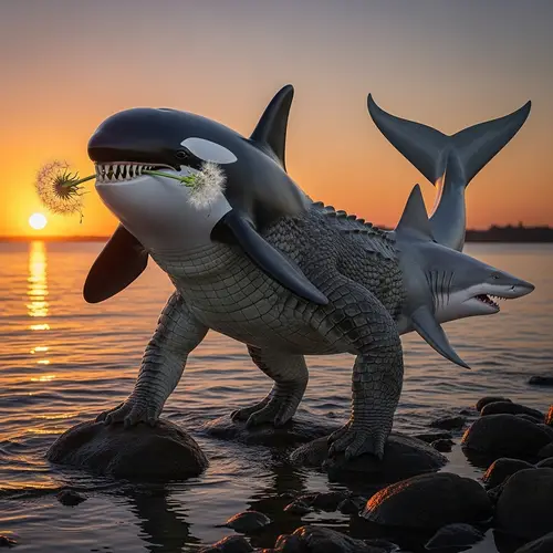 Fantasy Creature with Orca Head, Crocodile Legs, Shark Tail, & Dandelion Teeth