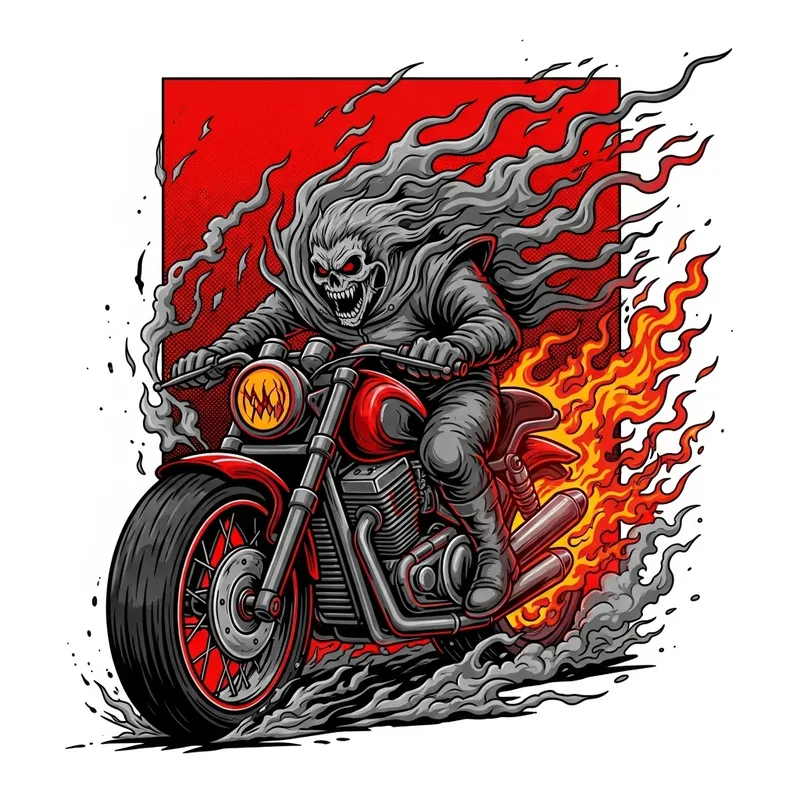 La Muerte: Gritty Spectral Motorcycle Art | Red & Black Comic Style
