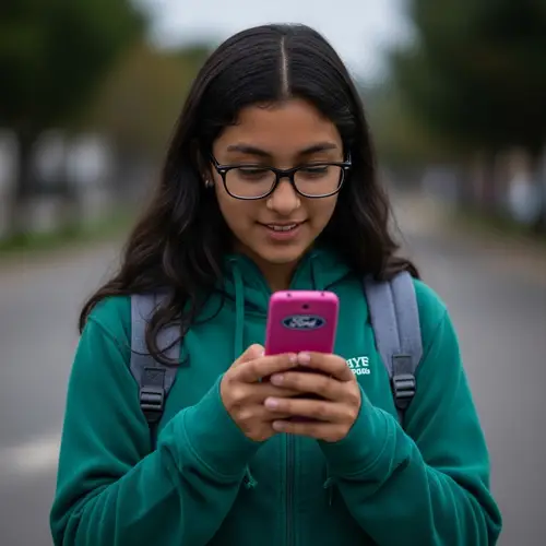 Hispanic Teen Girl with Pink Ford Mobile Phone Outdoors