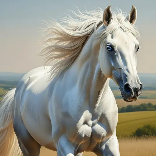 White Horse with Blue Eyes Running - Majestic Equestrian Beauty
