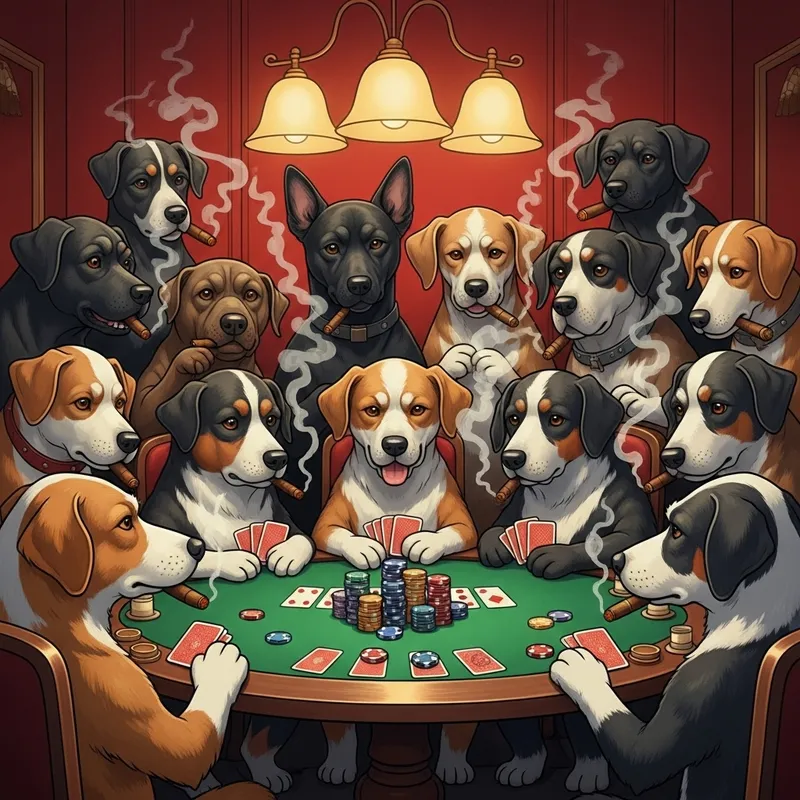 Dog Poker Night with Cigars and Green Table - Red Walls Dog Poker Night with Cigars and Green Table - Red Walls
