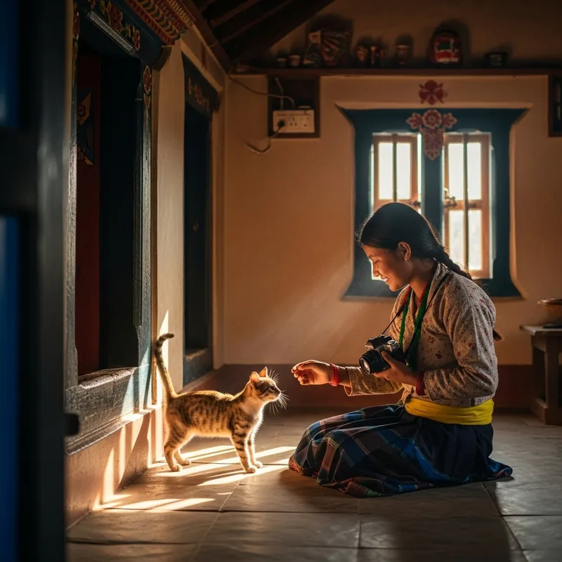 Captivating Village Life: Playful Cat, Young Girl in Nepali Attire