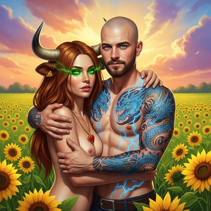 Surreal Art: Man Embracing Mythical Creature in Field