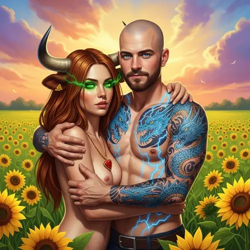 Surreal Art: Man Embracing Mythical Creature in Field