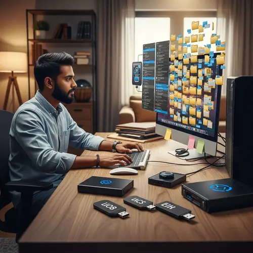 South Asian Individual Storing & Retrieving Data in Home Office