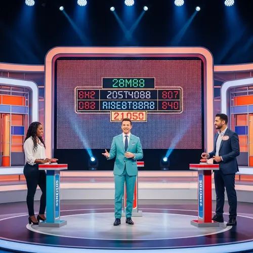 TV Game Show Host with 2 Contestants: Real Excitement on Stage