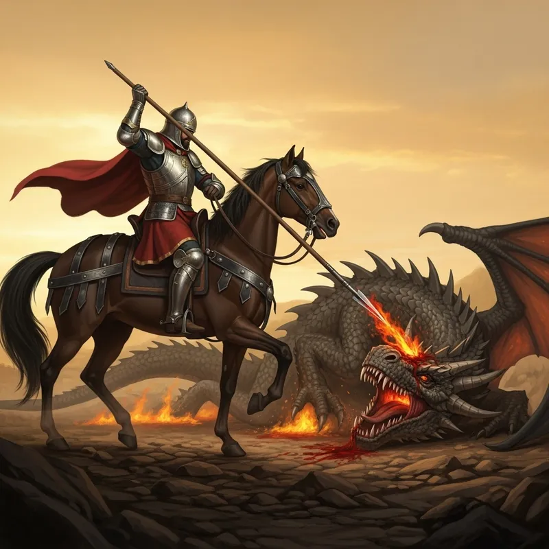 Brave Knight Defeats Dragon with Spear Brave Knight Defeats Dragon with Spear