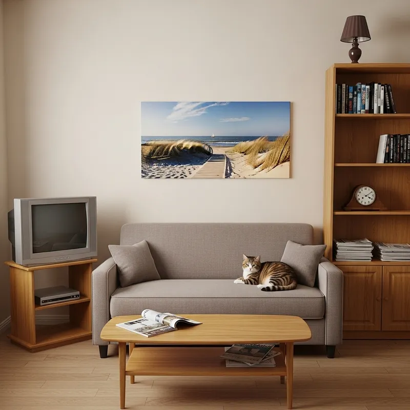 Cozy and Well-Organized Living Room with Wooden Bookcase and Beach Painting