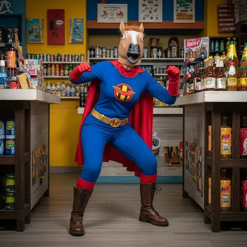 Colorful Store Heist: Woman in Horse Mask Manhwa Style