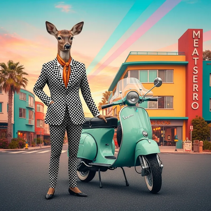 Deer in '60s Mod Subculture with Vespa Bike