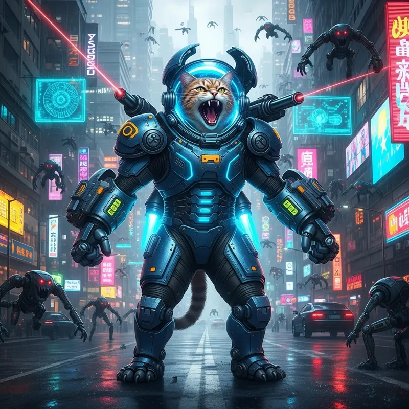 Mighty Cat in Blue Spacesuit: Brave Meow in Cyberpunk City Mighty Cat in Blue Spacesuit: Brave Meow in Cyberpunk City