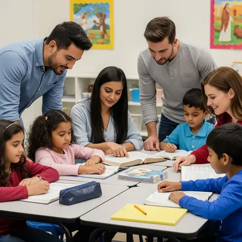 Diverse Adult & Children's Bible Class in Inviting Sunday School Scene