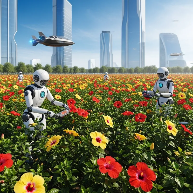Futuristic Hibiscus Fields: Nature's Harmony with Technology