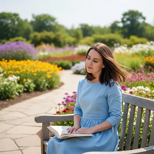 Young Woman with Medium-Length Brunette Hair Relaxing in Blooming Garden