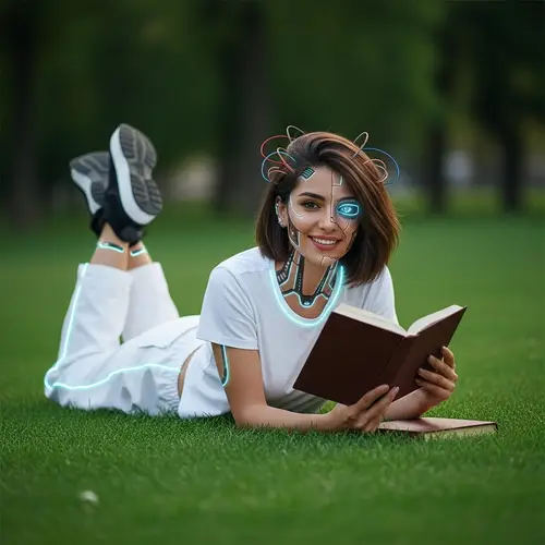 Futuristic Middle-Eastern Woman with Robotic Features Reading in Park
