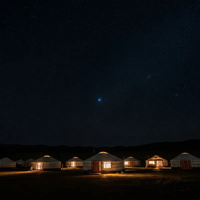 Traditional Mongolian Yurts In Night Bonfire Glow