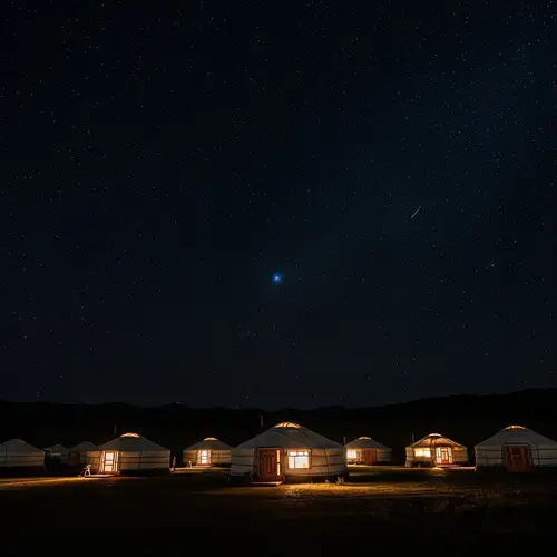 Traditional Mongolian Yurts Under Starry Night Sky