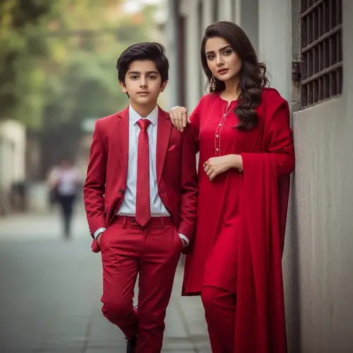 Realistic Pakistani 19-Year-Old Boy and 25-Year-Old Girl in Red Suit | Street Wall Portrait