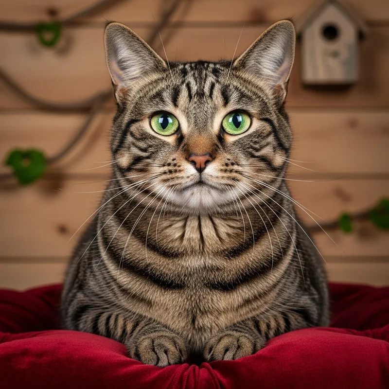 Tabby Cat Portrait on Plush Red Velvet | Green-Eyed Beauty