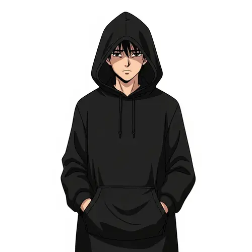 Anime Style Male Character in Black Hoodie
